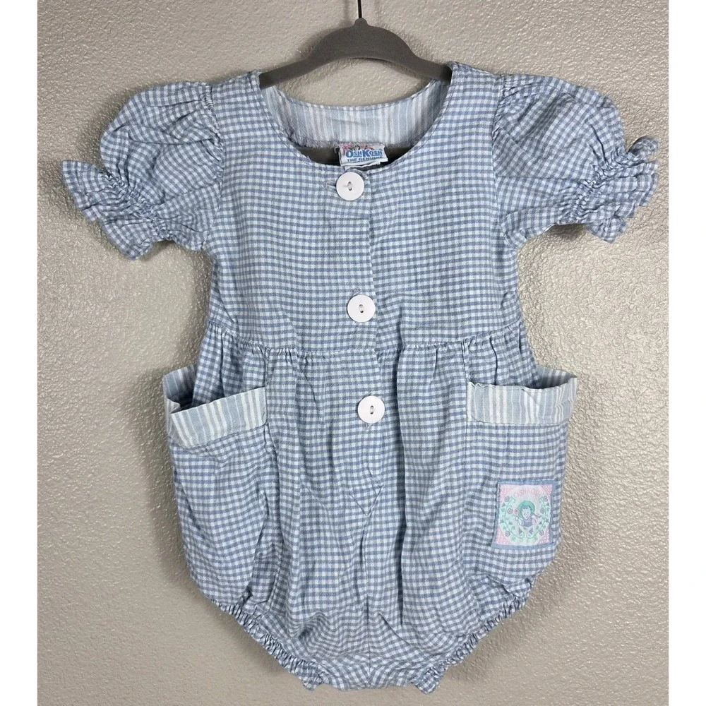 Vintage OshKosh B'Gosh Baby Bubble Romper Blue Gingham USA 12M Puff Sleeve